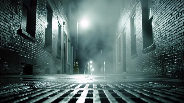 Atmospheric foggy alleyway with wet pavement and streetlight glare