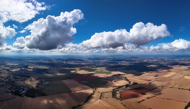 wide aerial shot of white clouds in blue sky above land