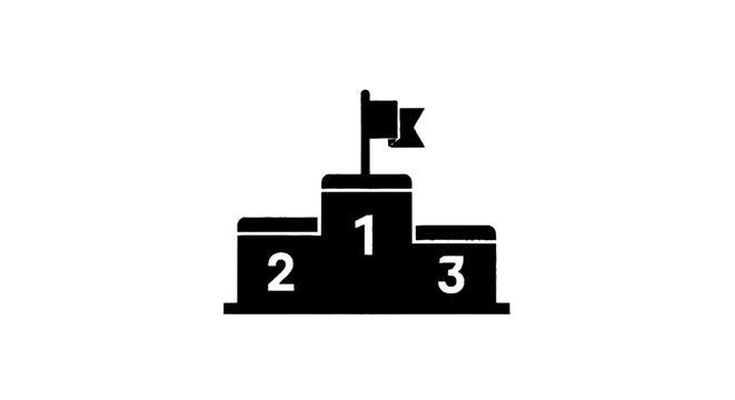 Minimal black silhouette icon, simple flat vector, bold black shape, no, no shading winners podium icon with flag, first, second and third place on a, flat icon style