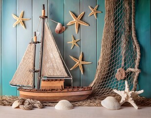 nautical themed photo prop with wooden boat seashells and fishing nets © Laura
