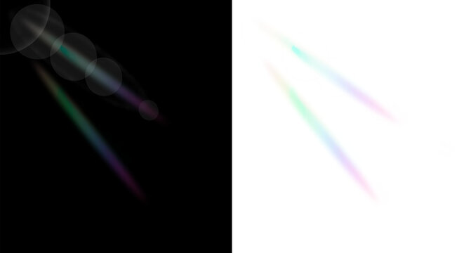 Two diagonal bright light rays with subtle rainbow colored lens flare artifacts on black and transparent backdrop. Concept of natural daylight and artistic lens quality for design
