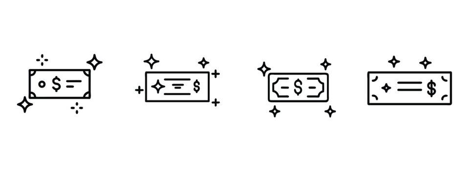 Money cash dollar banknote currency web line icons set paper bill greenback cash value wealth finance profit earning star spark sparkle & more vector with editable stroke