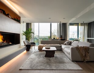 Fototapeta premium modern living room with fireplace