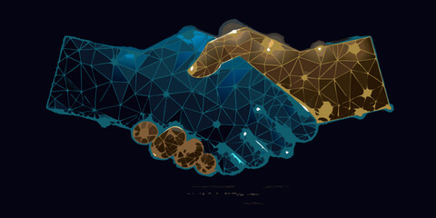 Handshake composed of polygonal shapes digital illustration with blue and gold tones © Roni