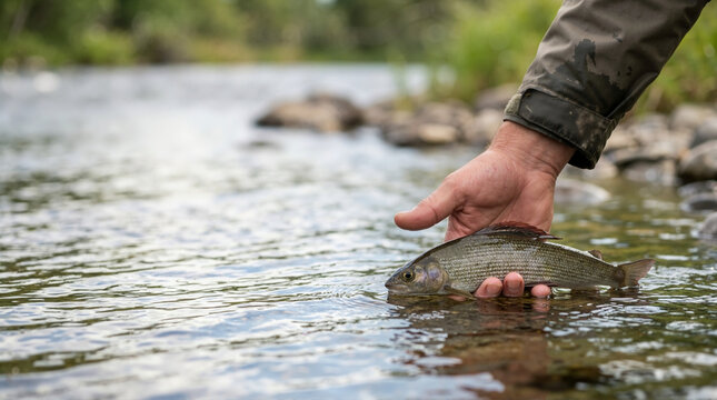 Hand releasing a grayling fish into a clear rocky river. Close up of catch and release fishing practice. Freshwater conservation and outdoor recreation