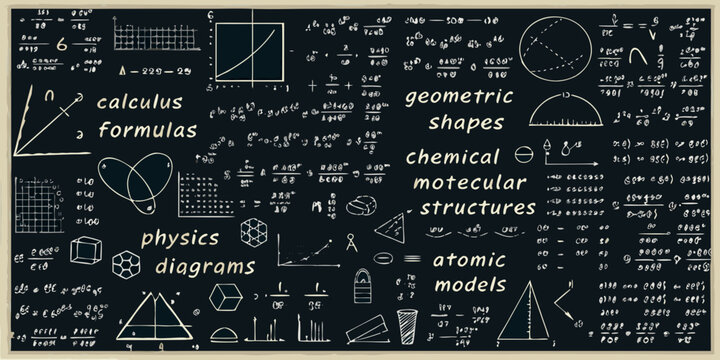 Chalkboard with scientific formulas geometric shapes and atomic models