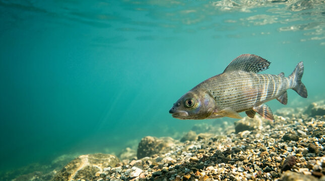 Underwater view of a grayling fish swimming in clear turquoise water. Freshwater wildlife over a rocky riverbed with sunlight rays. Aquatic ecosystem
