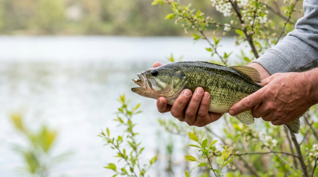 Hands holding a freshly caught bass with a lure in its mouth. Close up of an angler with a green freshwater fish by a lake. Spring fishing activity