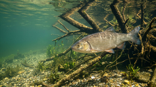 Chub fish swimming underwater near submerged tree branches. Freshwater wildlife in clear river habitat with aquatic plants and rocky bottom