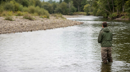 Fototapeta premium Angler in waders fishing in a shallow river. Man standing in water casting a line