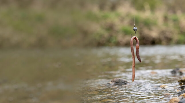 Baited fishing hook and sinker hanging above a shallow rocky river. Earthworm on a line ready for casting. Copy space for text