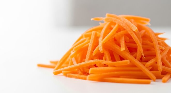 Pile of julienned carrots for cooking, ready for healthy meal preparation on a clean white surface with copy space