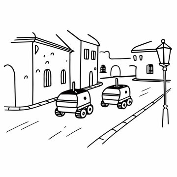 Autonomous delivery robots navigating a historic old town during golden hour, technology meets heritage"