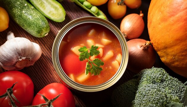 canned vegetable soup surrounded by fresh produce