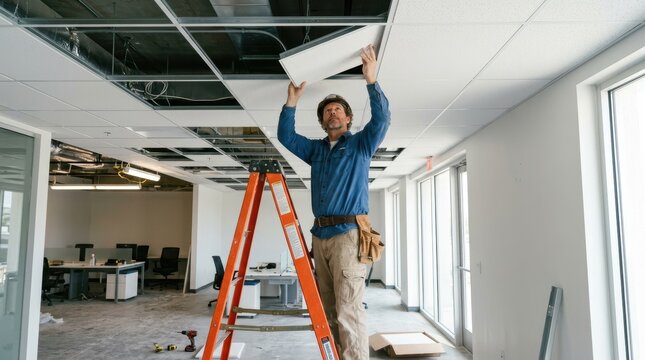 Contractor installing white acoustic panels into a suspended drop ceiling grid, standing on a stepladder while renovating a commercial office space. 