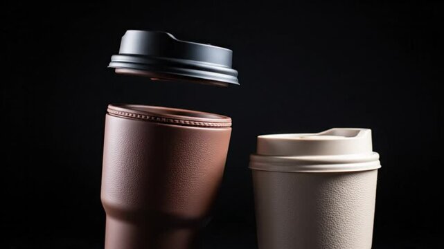 Creative coffee cup design with a floating lid in slow motion isolated on a black background for promotional use