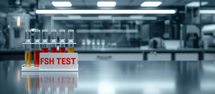 A sign with the text  FSH test  on a table in a laboratory