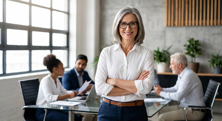 Fototapeta premium Portrait of a confident mature female executive standing in foreground while diverse business team collaborates at conference table in modern office