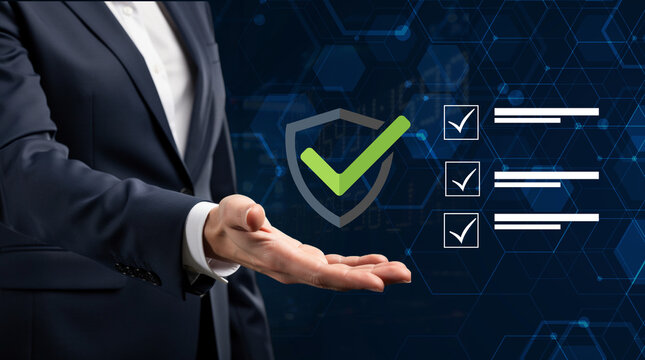 Businessman holding shield with green checkmark and checklist icons representing security compliance, quality verification, regulatory approval, data protection, and certified standards on futuristic 