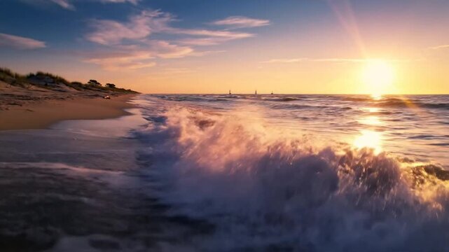 Coastal Beach Sunset Scene with Ocean Waves and Sun Reflection on Sandy Shore and Calm Waters at Dusk