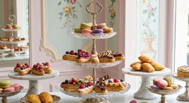 Elegant Dessert Table with Macarons, Eclairs, and Madeleines