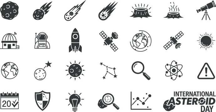 International asteroid day icons isolated on transparent background