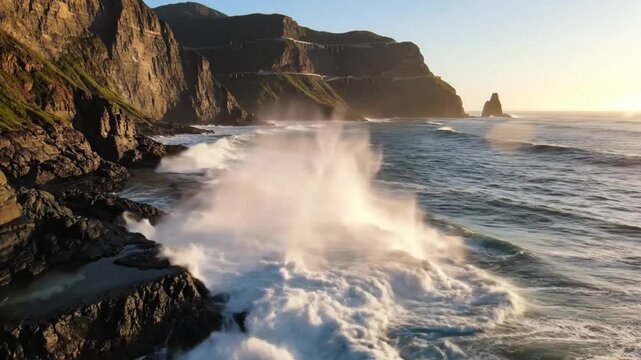 Dramatic ocean waves crashing against rocky coastline at sunset with highway winding up the mountainside