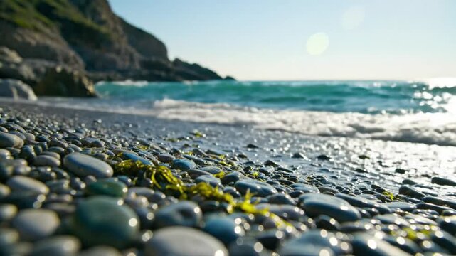 Waves gently washing over smooth pebbles on the shore with mountain cliffs in the background on a sunny day