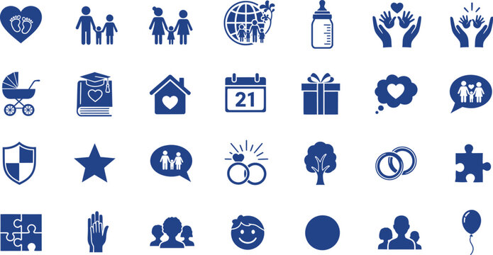 Collection of 25 blue family love and celebration icons isolated on transparent background for graphic design projects