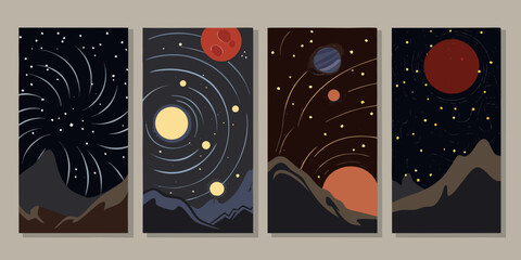 Space exploration posters a set of four vector illustrations © SreemotiRaba