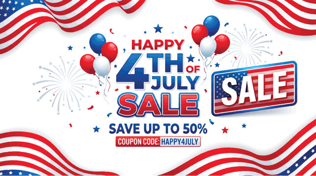 4th of july sale banner with american flag and fireworks illustration