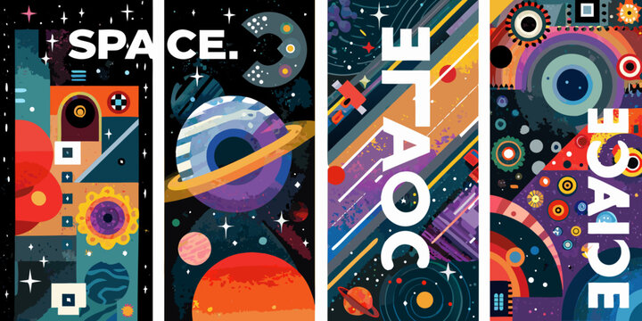 Space Exploration Posters Vector Illustration With Planets And Celestial Bodies