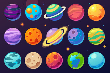 Colorful planets collection vector illustration with rings and surface details © SreemotiRaba