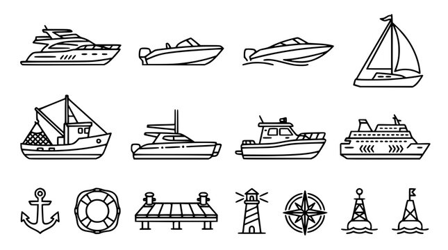 Boat Outline Vector Icon Set with Yacht Motor Boat and Nautical Symbols