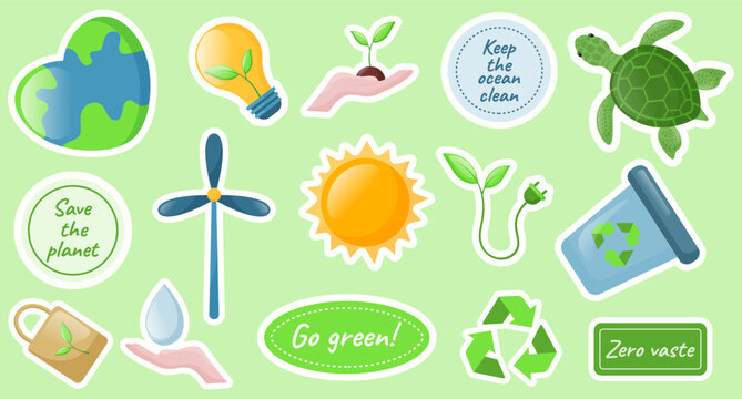 Ecological stikers isolated on green background. Decorations for ecological events. Stickers with Earth, sprout,turtle, trash bin, hands, heart, leaf, sun, recycling sign. Vector illustration.