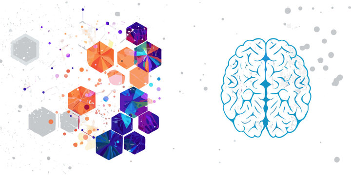Brain Illustration With Hexagonal Pattern And Colorful Splatter Background