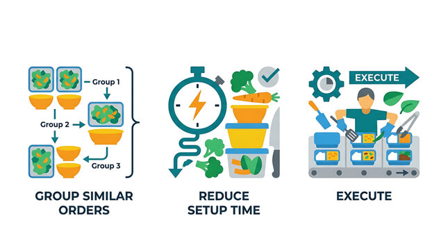 Vector illustration of meal prep workflow steps for kitchen efficiency and optimized cooking process