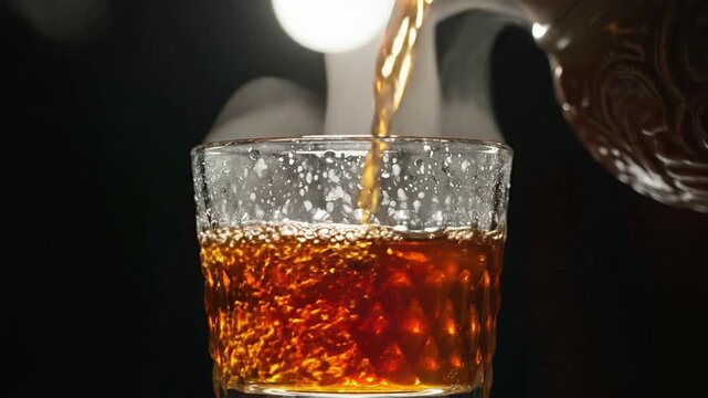 Crystal Glass Filled With Rich Amber Whiskey Being Poured On A Dark Background, Glimmering Light Reflecting For A Luxurious Bar & Spirits Experience