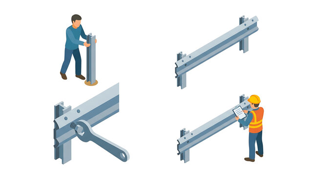 Construction workers installing and inspecting metal road safety barriers, an isometric set illustrating the vital process of guardrail assembly for highway protection