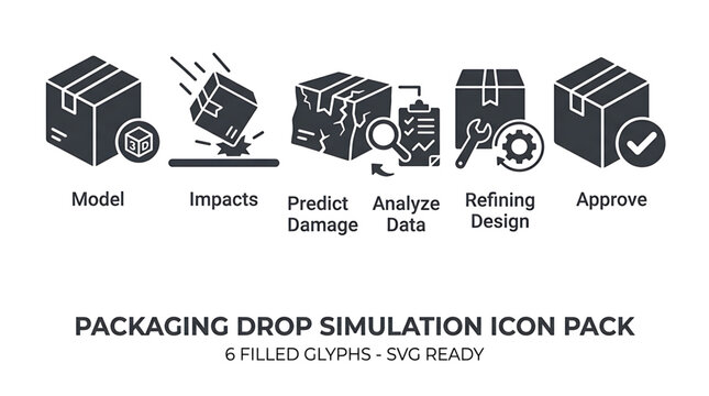 Packaging icons illustrate model impacts predict damage analyze data refining design approve.