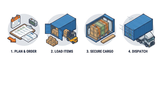 Isometric Logistics and Shipping Process Infographic showing Order Planning, Cargo Loading, Securing, and Dispatching
