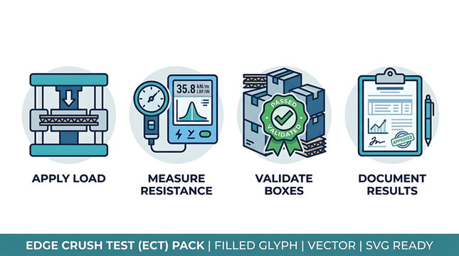 Illustrated Steps for Edge Crush Test (ECT) Process Applying Load, Measuring Material Resistance, Validating Boxes, and Documenting Results for Quality Assurance