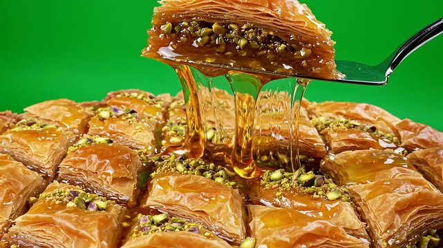 Delicate Slices of Baklava Drizzled with Honey and Garnished with Pistachios on a Vibrant Green Background Showing Rich Layers of Gourmet Pastry