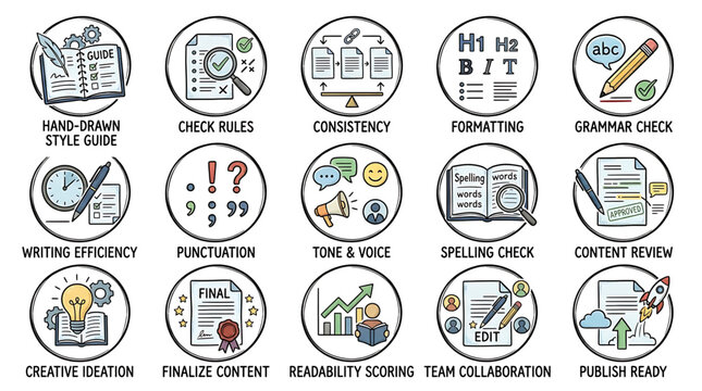 Editorial team reviews and edits content with grammar and style guides nearby on desks.