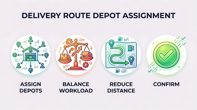 Logistics team assigns delivery route at depot with map and workload balance