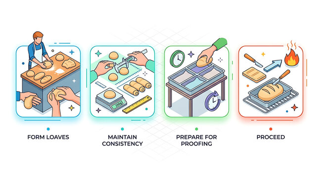 A baker forms loaves, maintains food consistency, prepares dough for baking, and proceeds with cooking on various kitchen tools and equipment.
