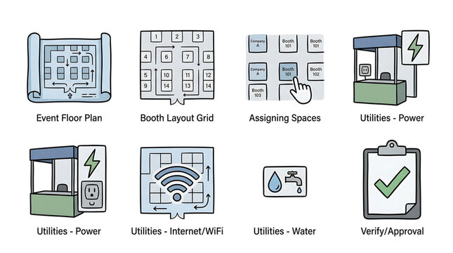 Utilities icons for planning spaces with power, internet, and water services