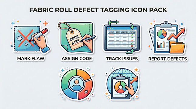 Fabric roll defect tagging icons display marking flaws and assigning codes on a dashboard