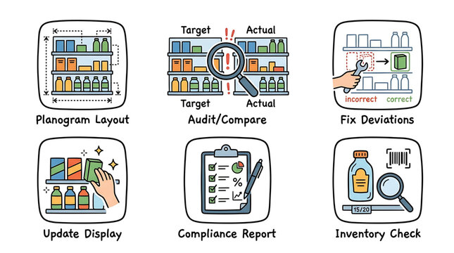 Retail store management icons for planogram compliance inventory check audit reports and shelf display optimization for commercial business efficiency