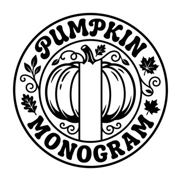 Pumpkin monogram badge with autumn leaves